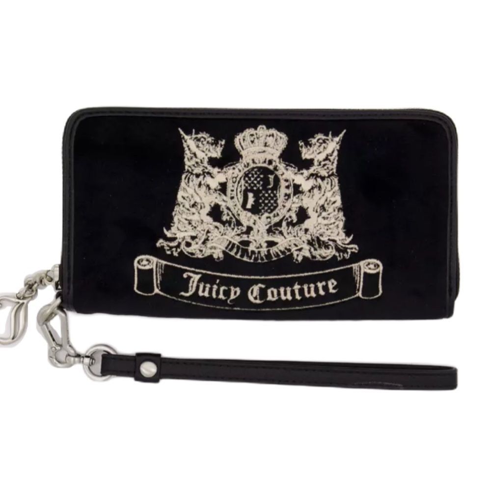 Juicy Couture Black Velour Twig Dogs Logo Embroidered Wallet Wristlet Clutch Bag - Picture 13 of 13